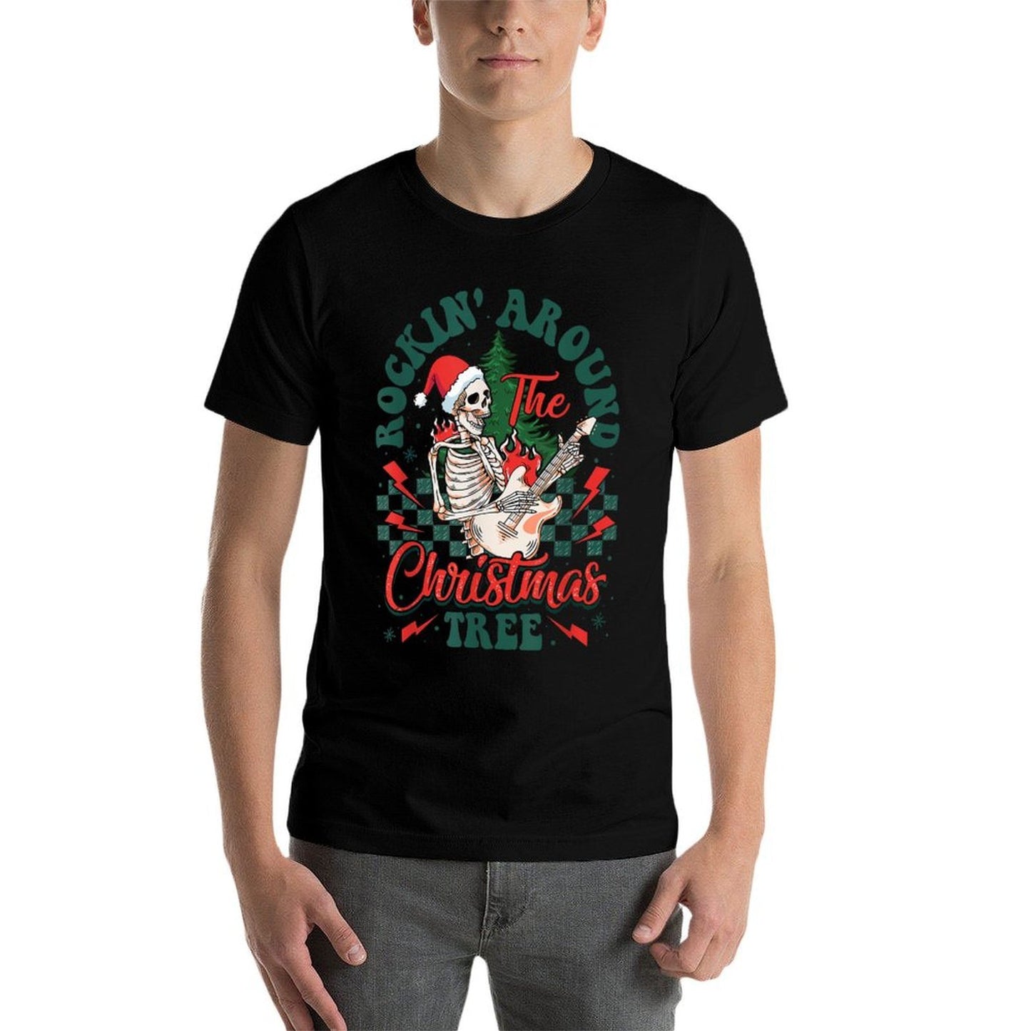 Retro Rockin Around The Christmas Tree Skeleton Plays Guitar  Lightweight T-Shirt