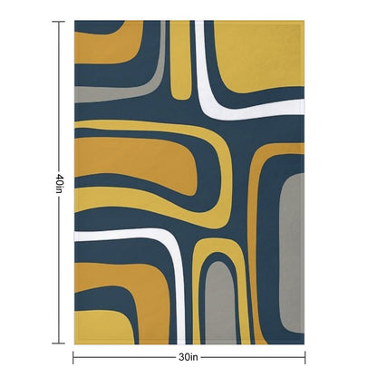 Palm Springs Mid-Century Modern Abstract Pattern in Light And Dark Mustard, Gray, And White on Navy Blue Throw Blanket