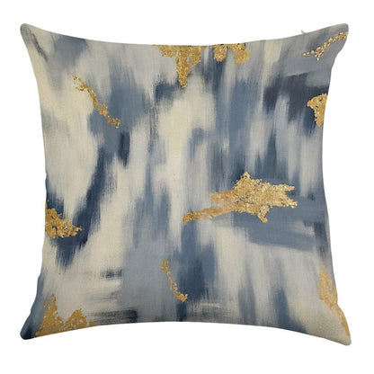 Blue And Gold Ikat Abstract Linen Throw Pillow Cover