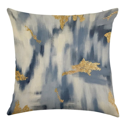Blue And Gold Ikat Abstract Linen Throw Pillow Cover