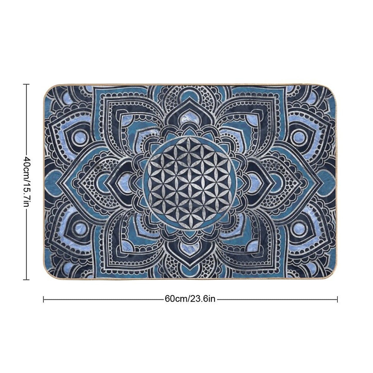 Flower of Life in Lotus Mandala - Blue Crystal And Silver Bath Mat