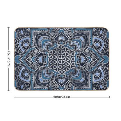 Flower of Life in Lotus Mandala - Blue Crystal And Silver Bath Mat