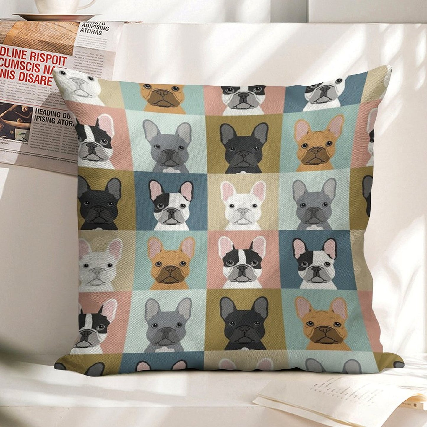 French Bulldog Portraits Pattern Dog Person Gift Love Animal Pet Puppy Frenchie Bulldog Valentines Linen Throw Pillow Cover