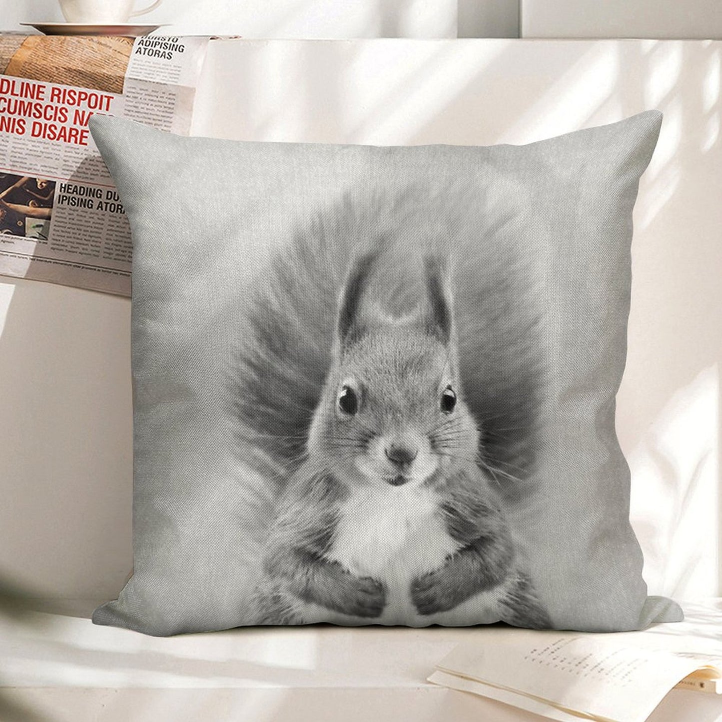 Squirrel 2 - Black & White Linen Throw Pillow Cover