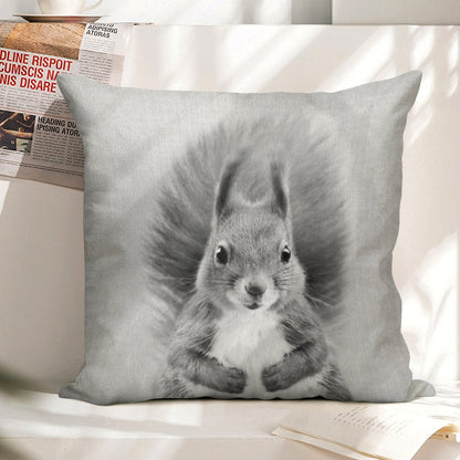 Squirrel 2 - Black & White Linen Throw Pillow Cover