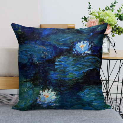 Water Lilies Monet Deep Blue Linen Throw Pillow Cover