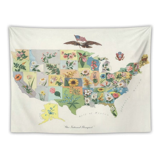 Vintage US State Flower Map Tapestry