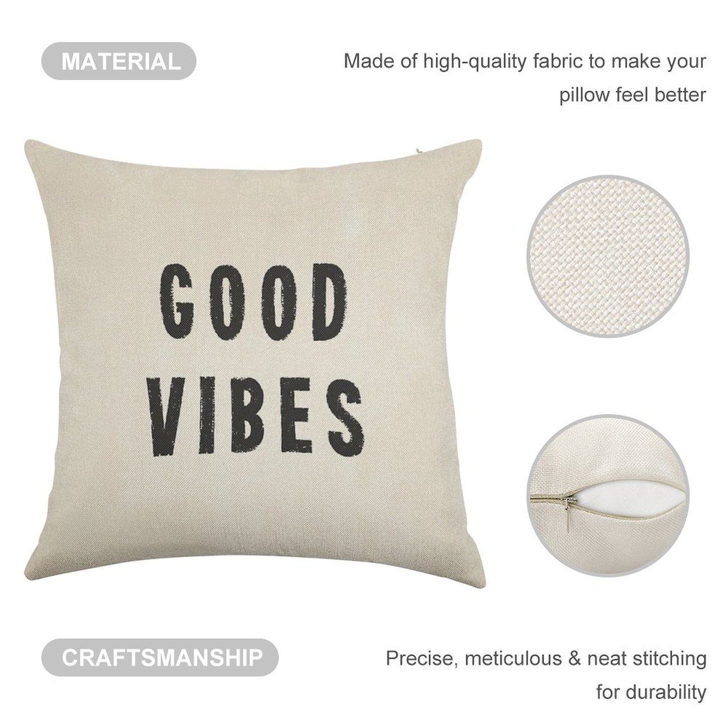 Grungy Distressed Ink Good Vibes  Black on Off-White Linen Throw Pillow Cover