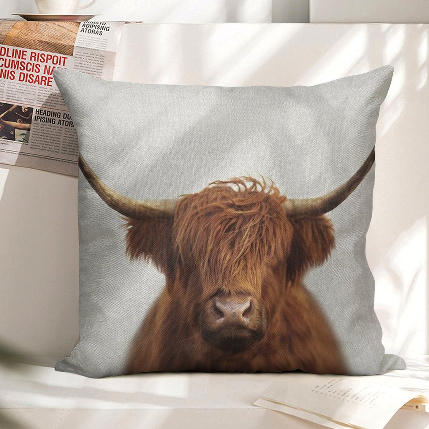 Highland Cow - Colorful Linen Throw Pillow Cover