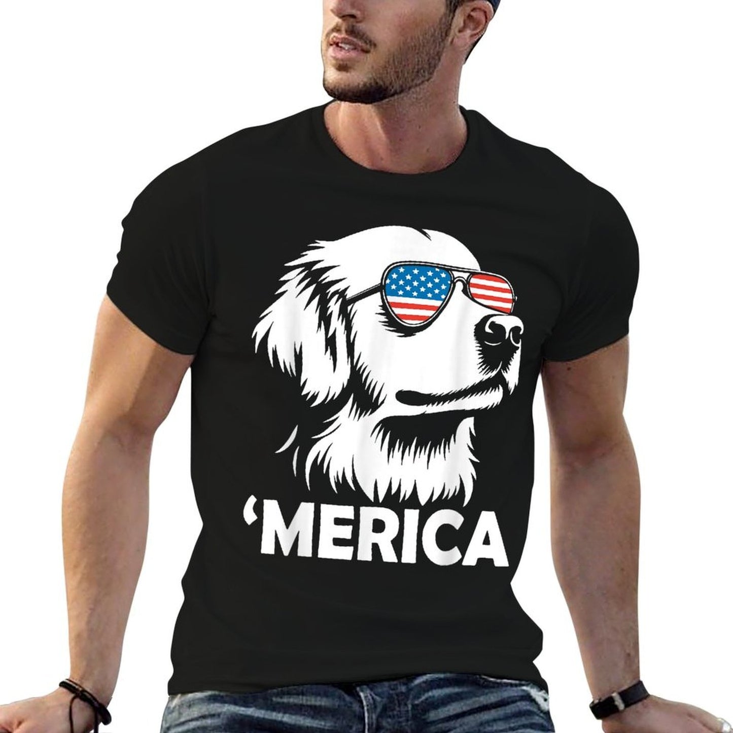 Golden Retriever 4th of July Merica  Fade-proof Color T-Shirt