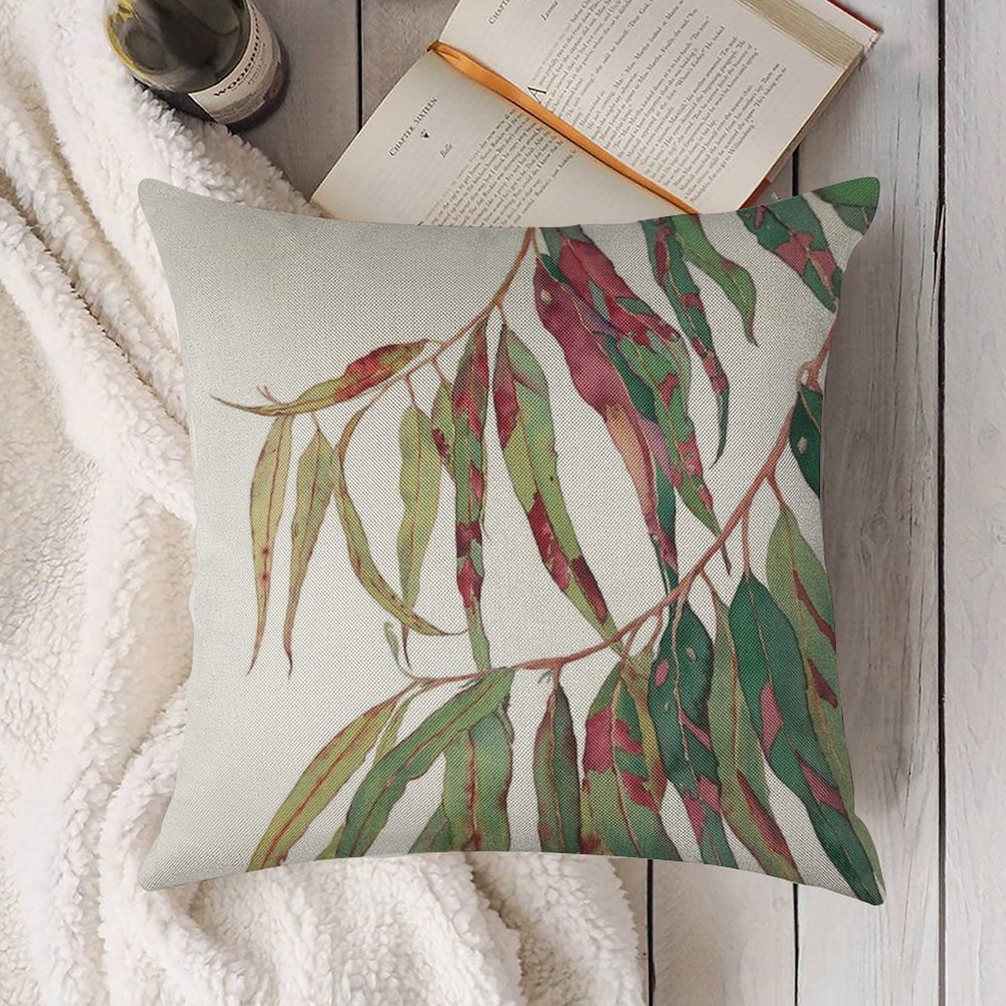 A Touch of Red - Watercolour of Eucalyptus Branch Linen Throw Pillow Cover
