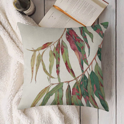 A Touch of Red - Watercolour of Eucalyptus Branch Linen Throw Pillow Cover