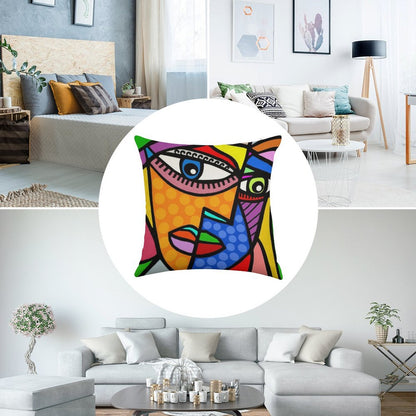 Funky Abstract Style Art Face with Dots And Stripes Linen Throw Pillow Cover