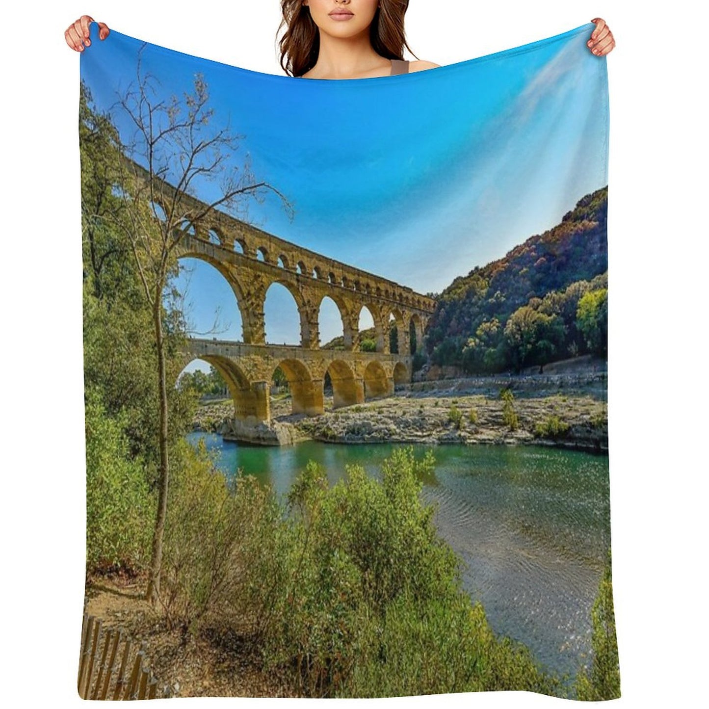 Roman Aqueduct Ruins, Pont Du Gard, Provence, France Color Photograph  Photography Throw Blanket