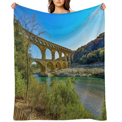 Roman Aqueduct Ruins, Pont Du Gard, Provence, France Color Photograph  Photography Throw Blanket