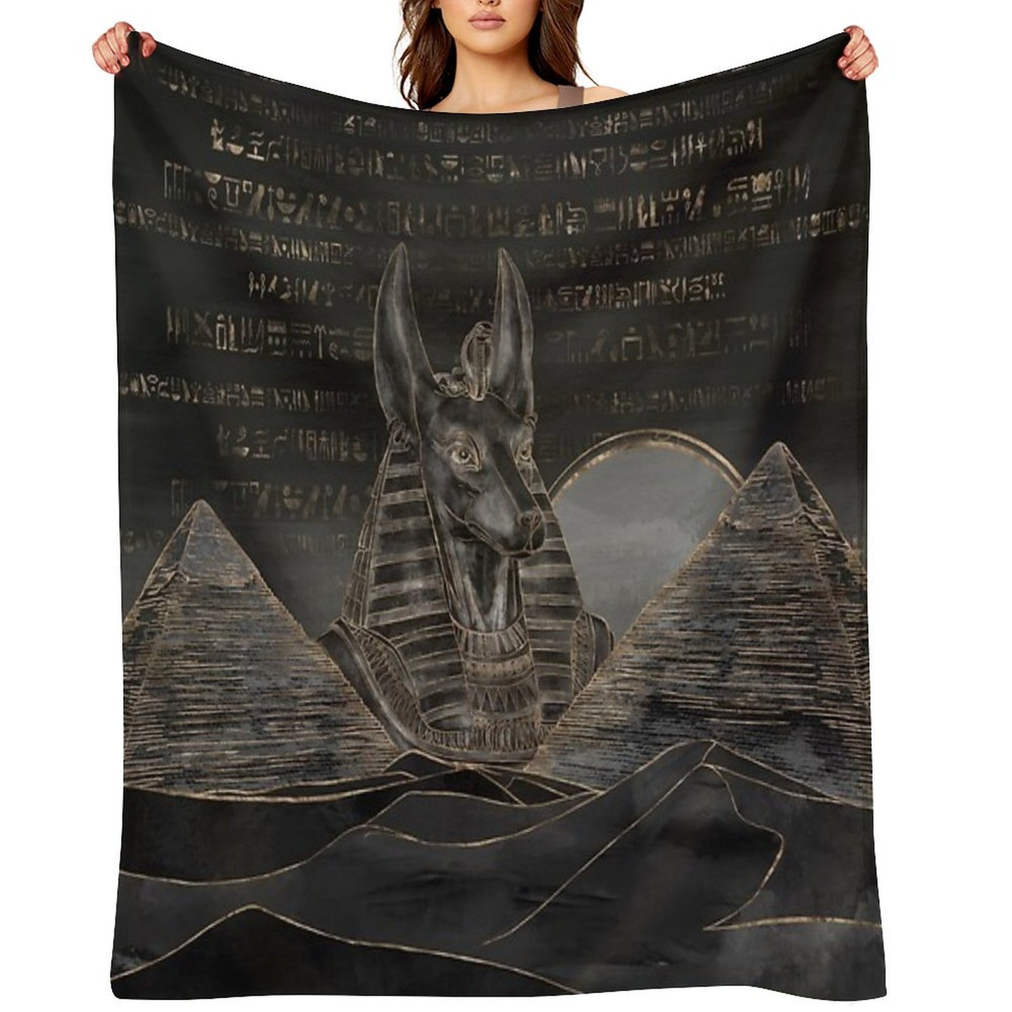 Anubis on Egyptian Pyramids Landscape Throw Blanket