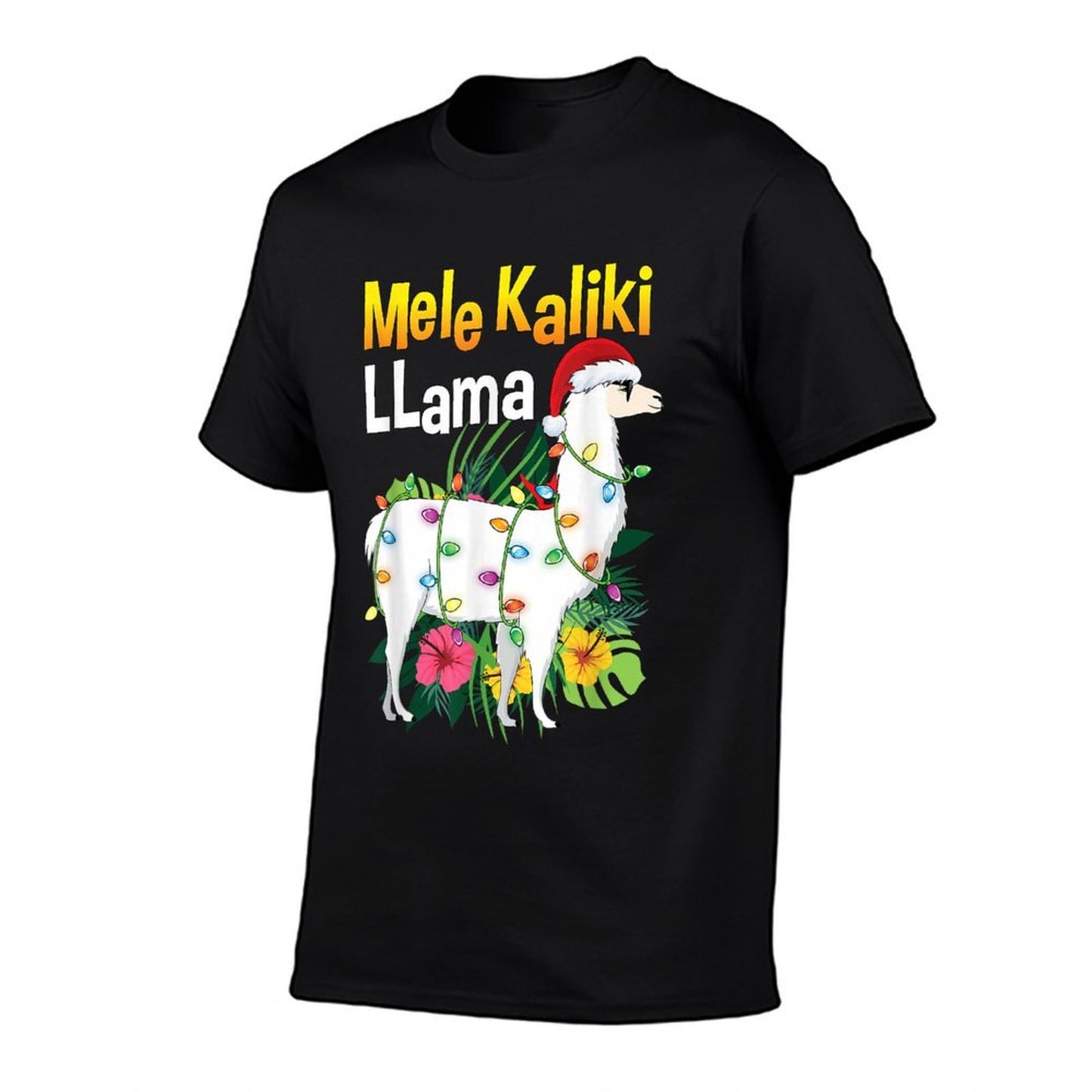 Mele Kalikimaka Christmas Hawaiian Llama X-Mas Lights  Rolled Sleeves T-Shirt