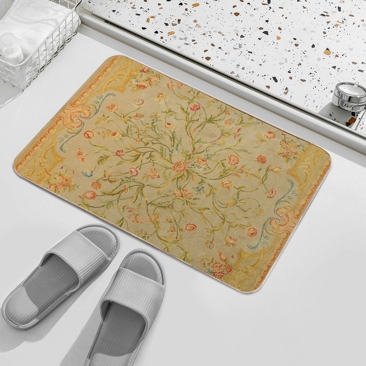 Floral Savonnerie 19th Century Authentic Colorful Picture of A Rose Tulip And Greenery Rug Bath Mat
