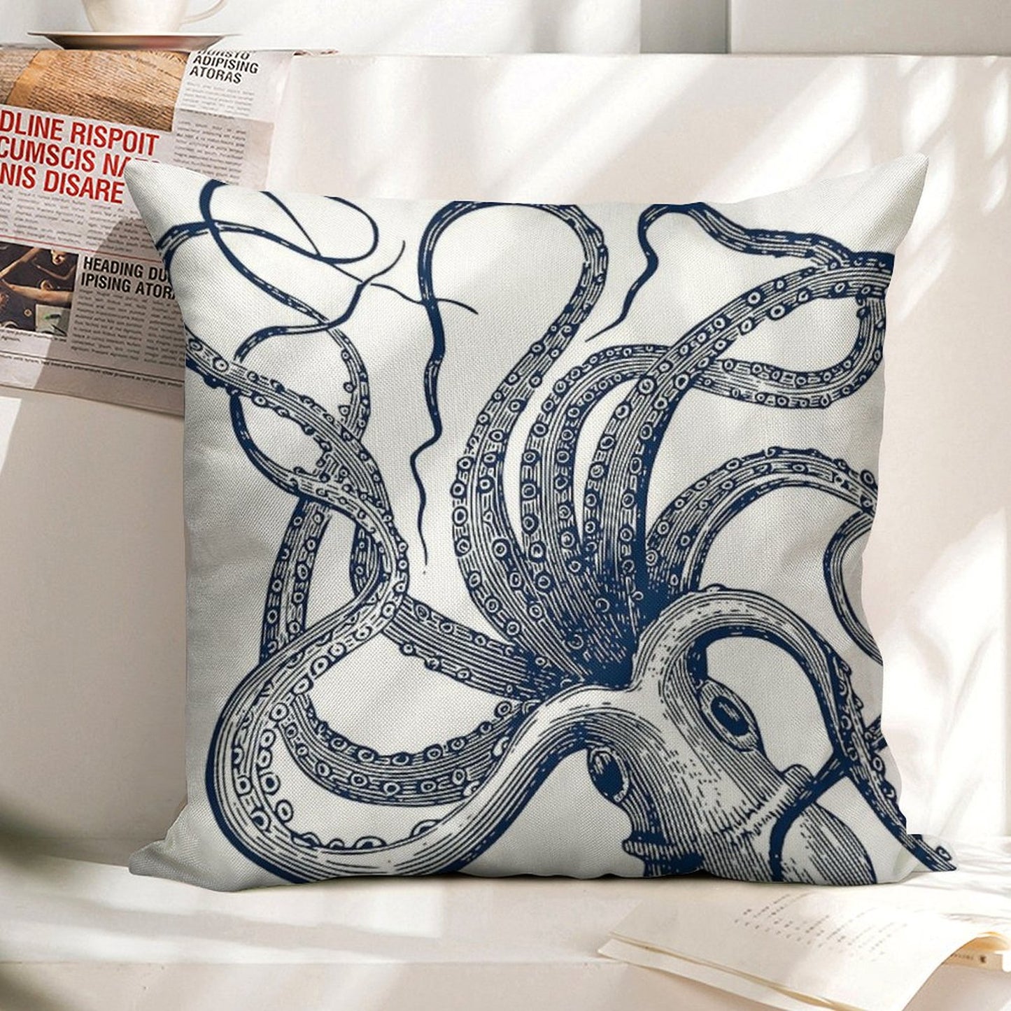 Navy Octopus Linen Throw Pillow Cover