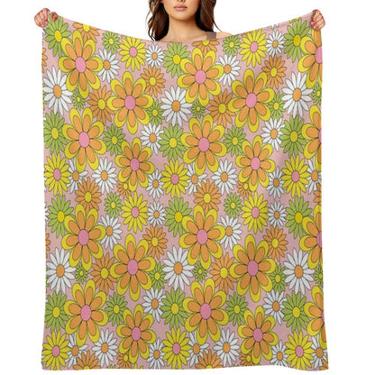 Vintage 70s Flower Power Orange, Pink & Yellow Retro Daisy Throw Blanket
