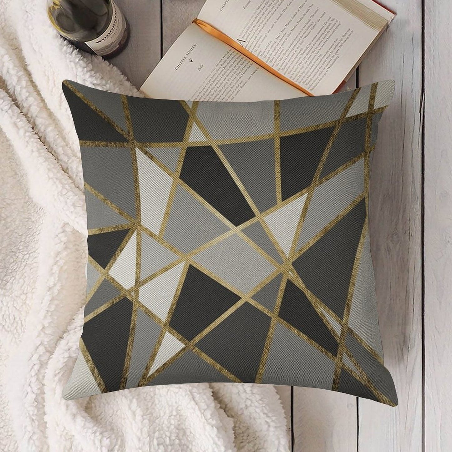 Black & Gray Modern Geo Gold Triangles Linen Throw Pillow Cover