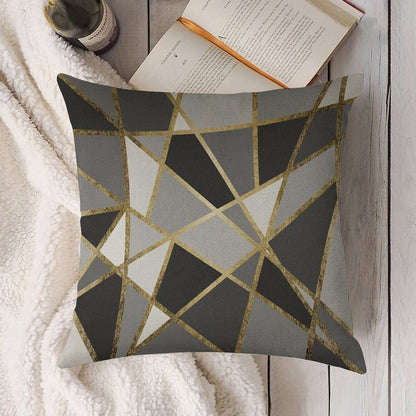 Black & Gray Modern Geo Gold Triangles Linen Throw Pillow Cover