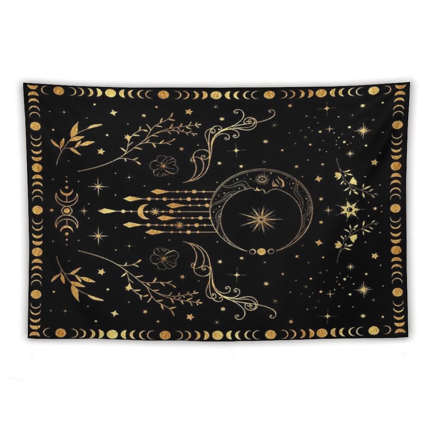Celestial Crescent Moon with Floral Accents And Moon Phase Tapestry