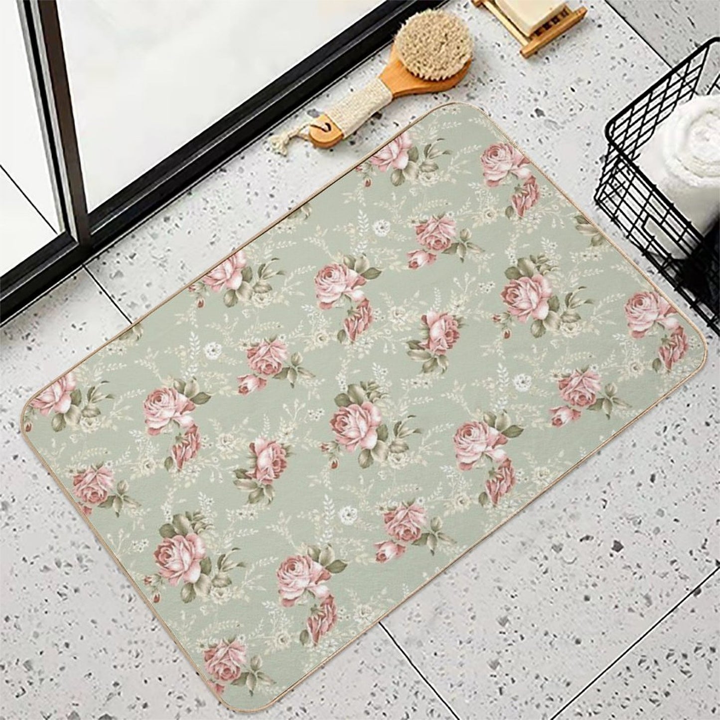 Vintage Blush Roses - Sage Green Background Bath Mat