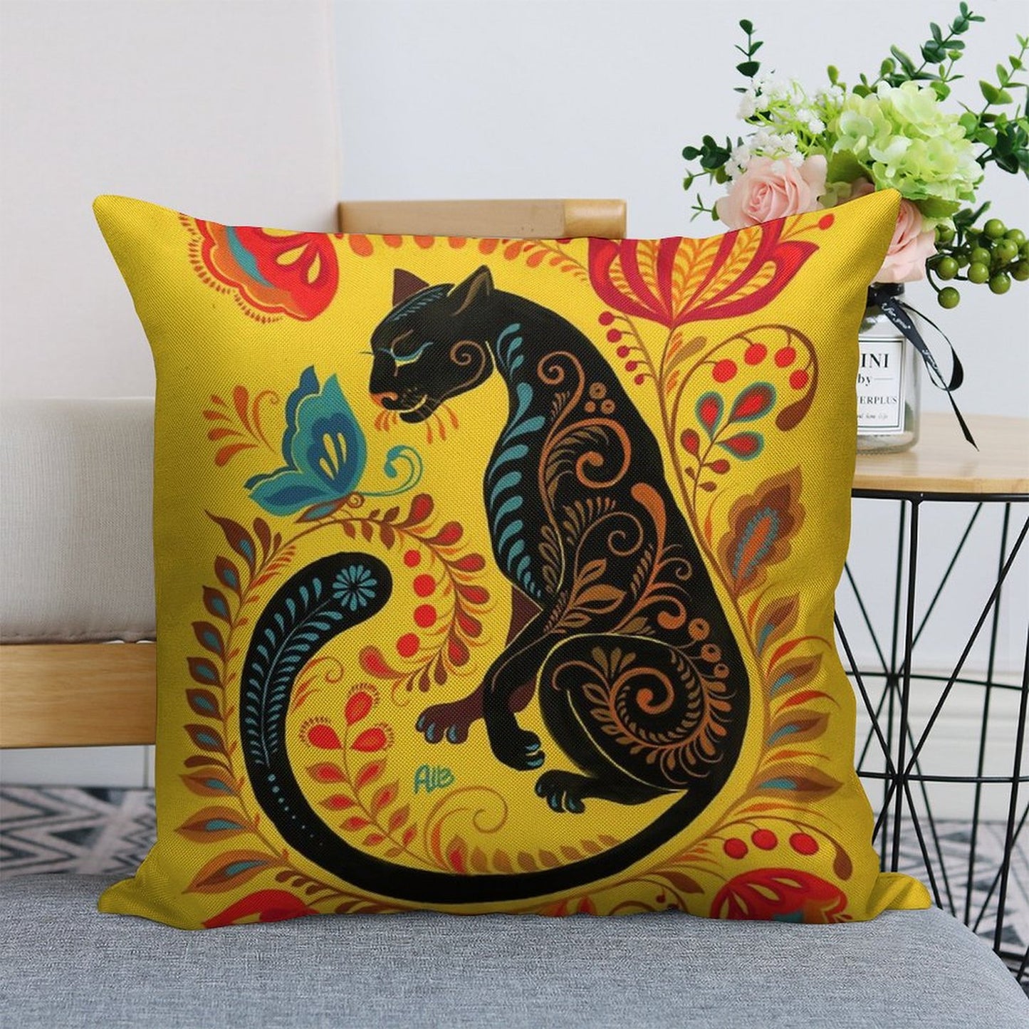 Panther & Butterfly Folk Art Linen Throw Pillow Cover