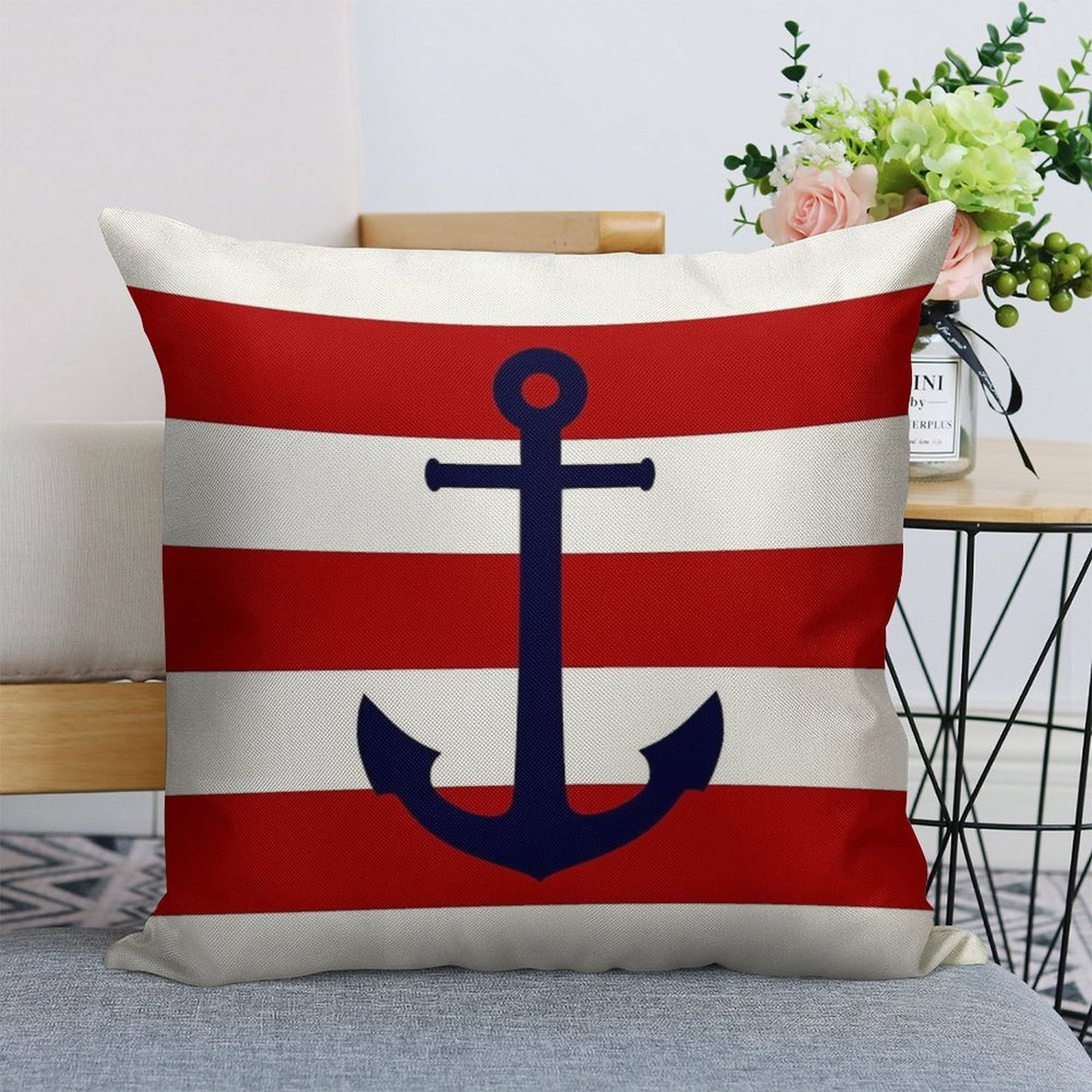 Nautical Navy Blue Anchor On Red Stripes Linen Throw Pillow Cover