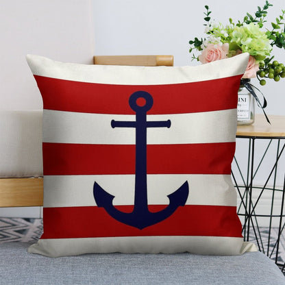 Nautical Navy Blue Anchor On Red Stripes Linen Throw Pillow Cover