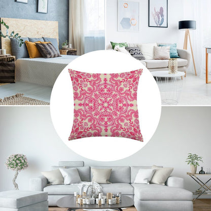 Hot Pink & Soft Cream Folk Art Pattern Linen Throw Pillow Cover