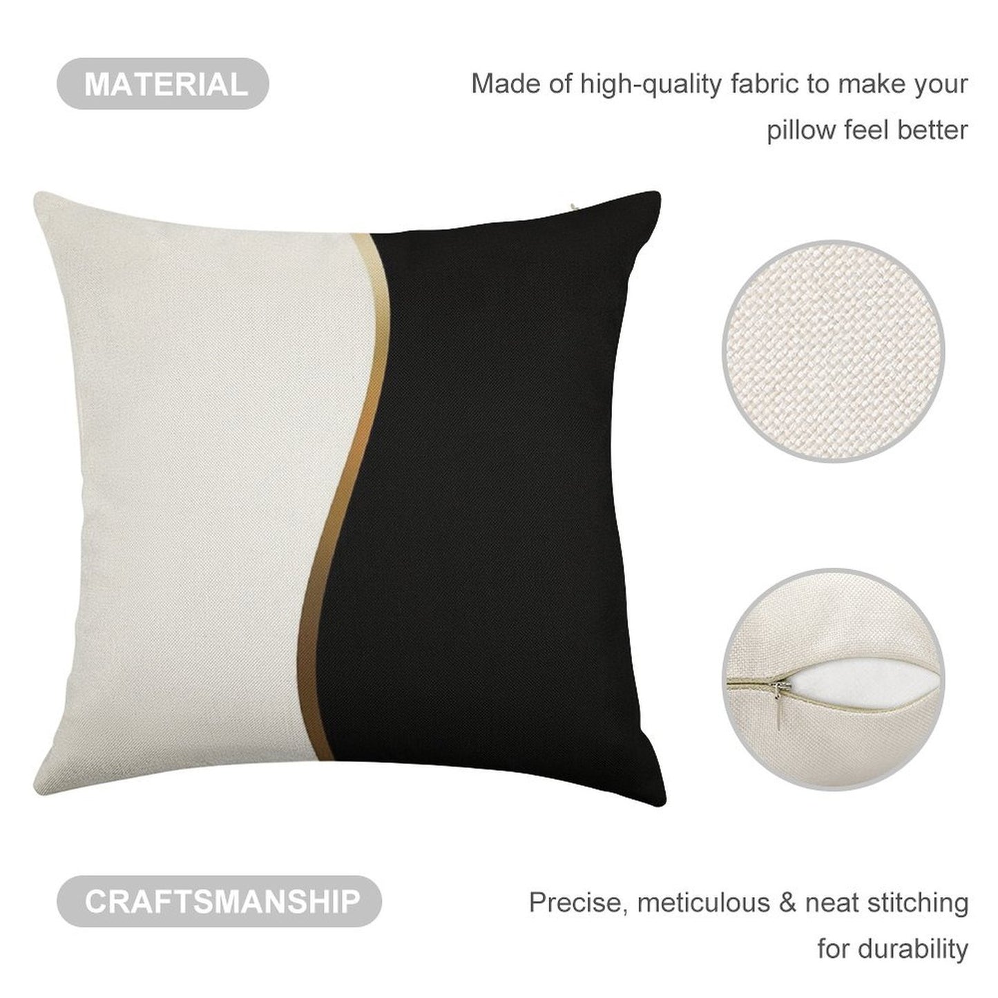 Black And White, Gold Wave Linen Throw Pillow Cover