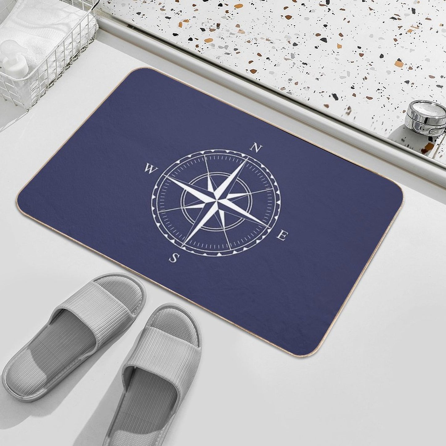 Navy Blue And White Nautical Ships Compass Rose Bath Mat