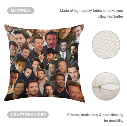 Hugh Jackman Photo Collage Linen Throw Pillow Cover