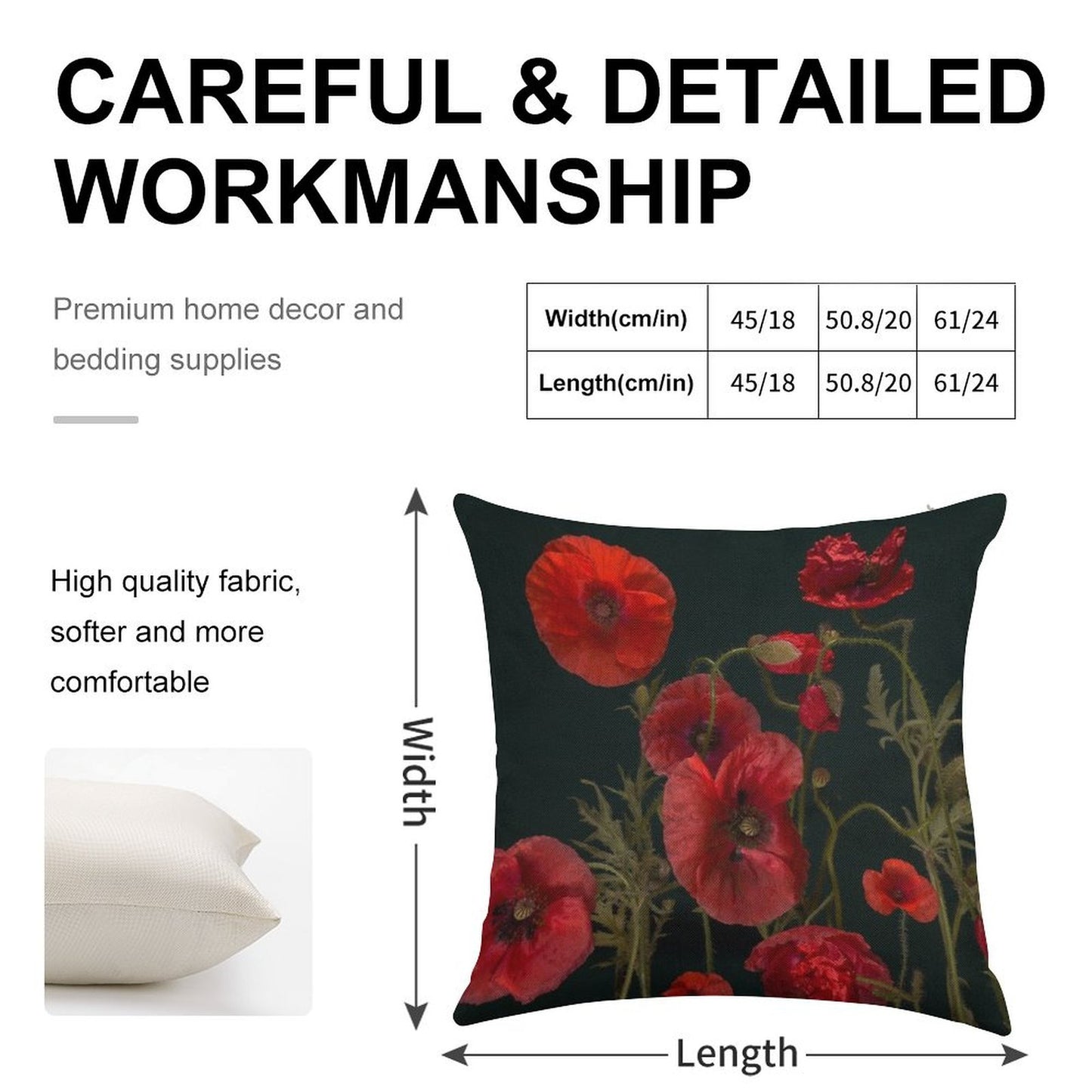 Red Poppies On Black Linen Throw Pillow Cover