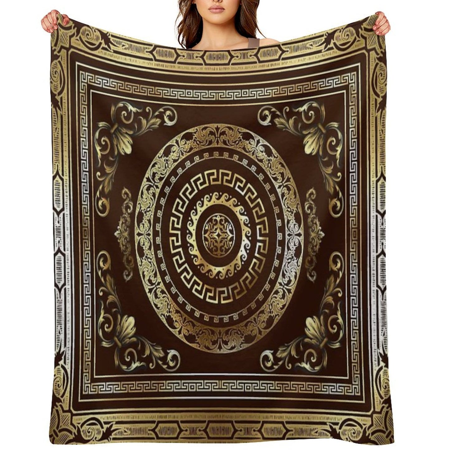 Baroque Gold Maroon Greek Key Vintage Style Throw Blanket