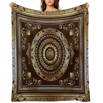 Baroque Gold Maroon Greek Key Vintage Style Throw Blanket