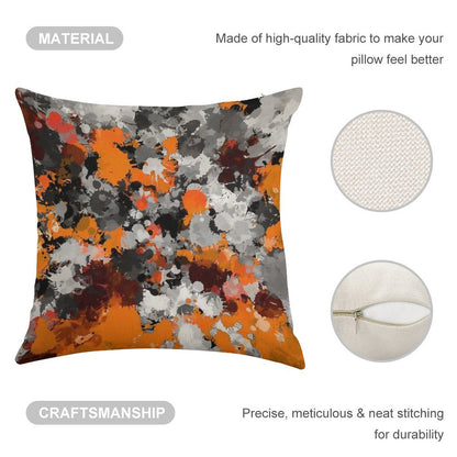 Orange And Grey Paint Splatter Linen Throw Pillow Cover