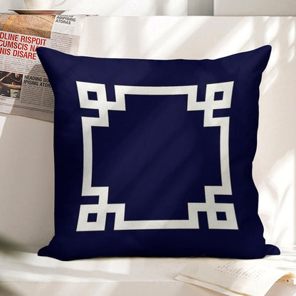 Greek Key Square White On Navy Blue Linen Throw Pillow Cover