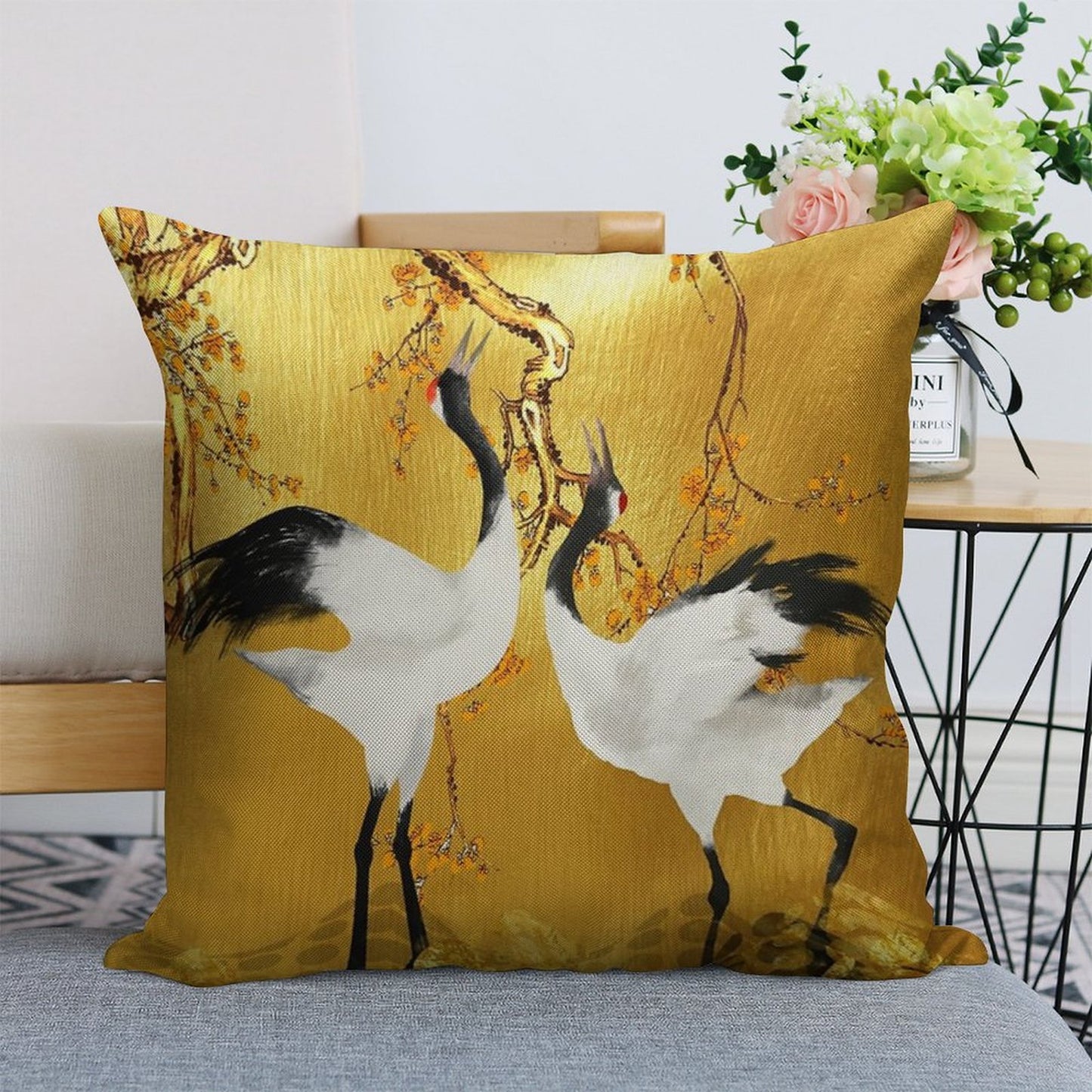 Golden Cranes Japanese Art Linen Throw Pillow Cover