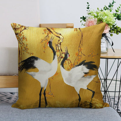 Golden Cranes Japanese Art Linen Throw Pillow Cover