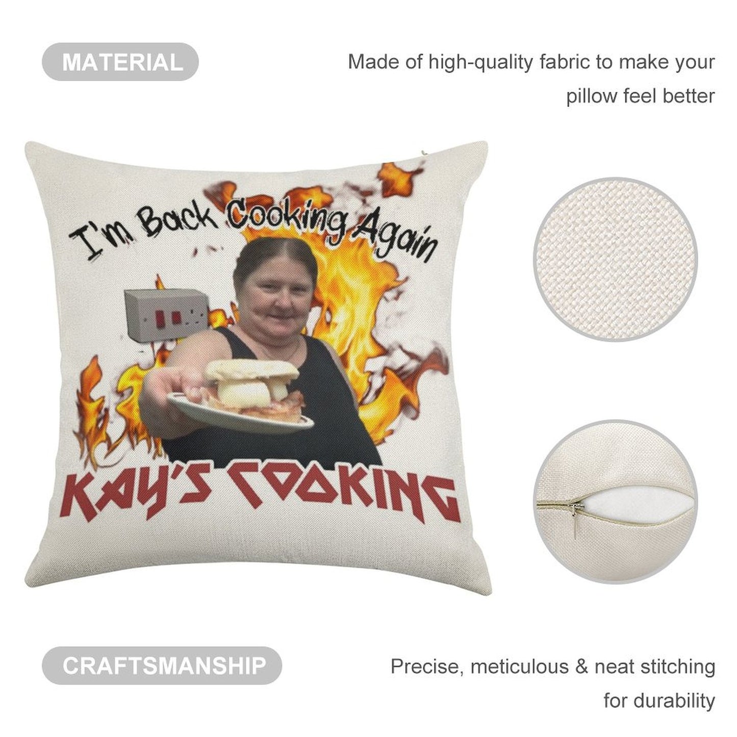 Kay's Cooking - I'm Back Cooking Again Linen Throw Pillow Cover