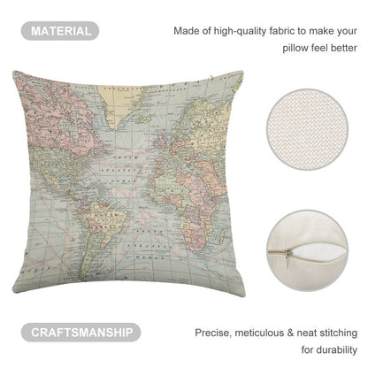 Vintage World Map Linen Throw Pillow Cover