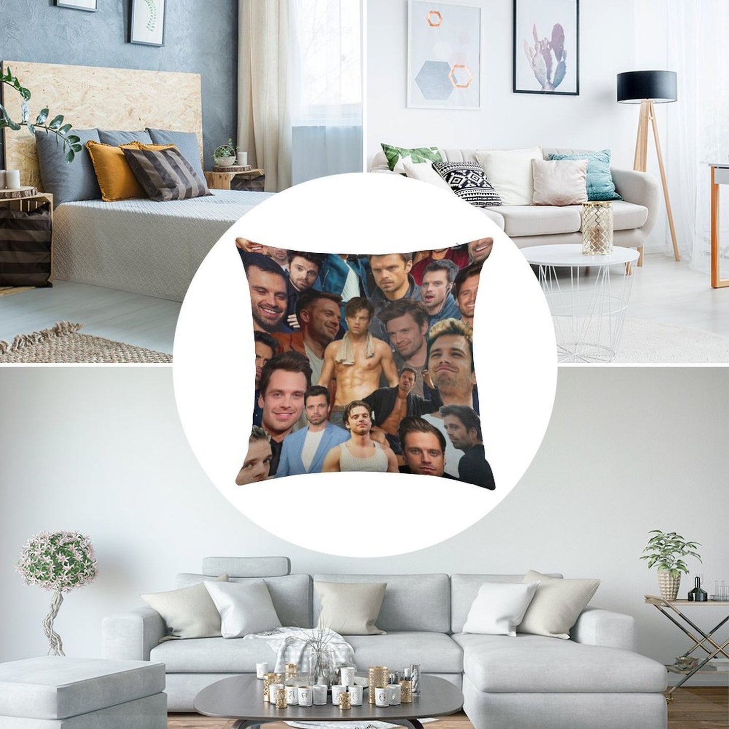 Sebastian Stan Photo Collage Linen Throw Pillow Cover