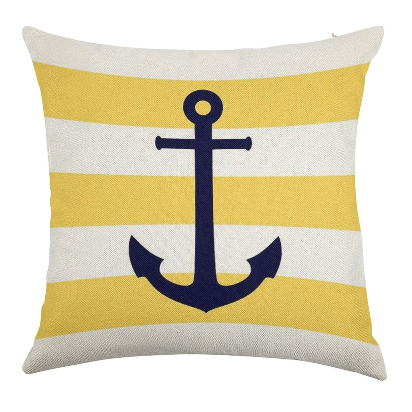 Nautical Navy Blue Anchor On Mustard Yellow Stripes Linen Throw Pillow Cover