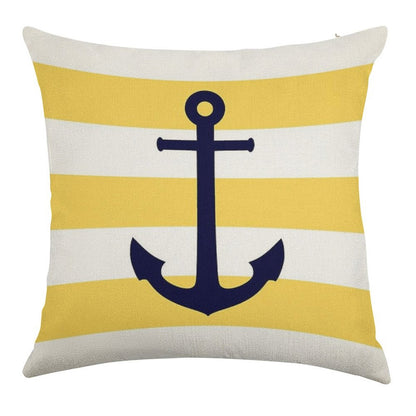 Nautical Navy Blue Anchor On Mustard Yellow Stripes Linen Throw Pillow Cover