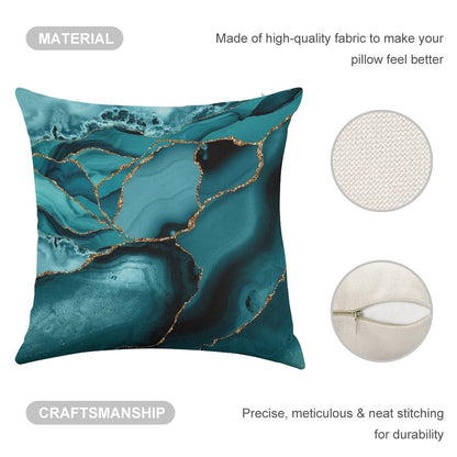 Teal And Gold Faux Marble Landscape Waves Linen Throw Pillow Cover