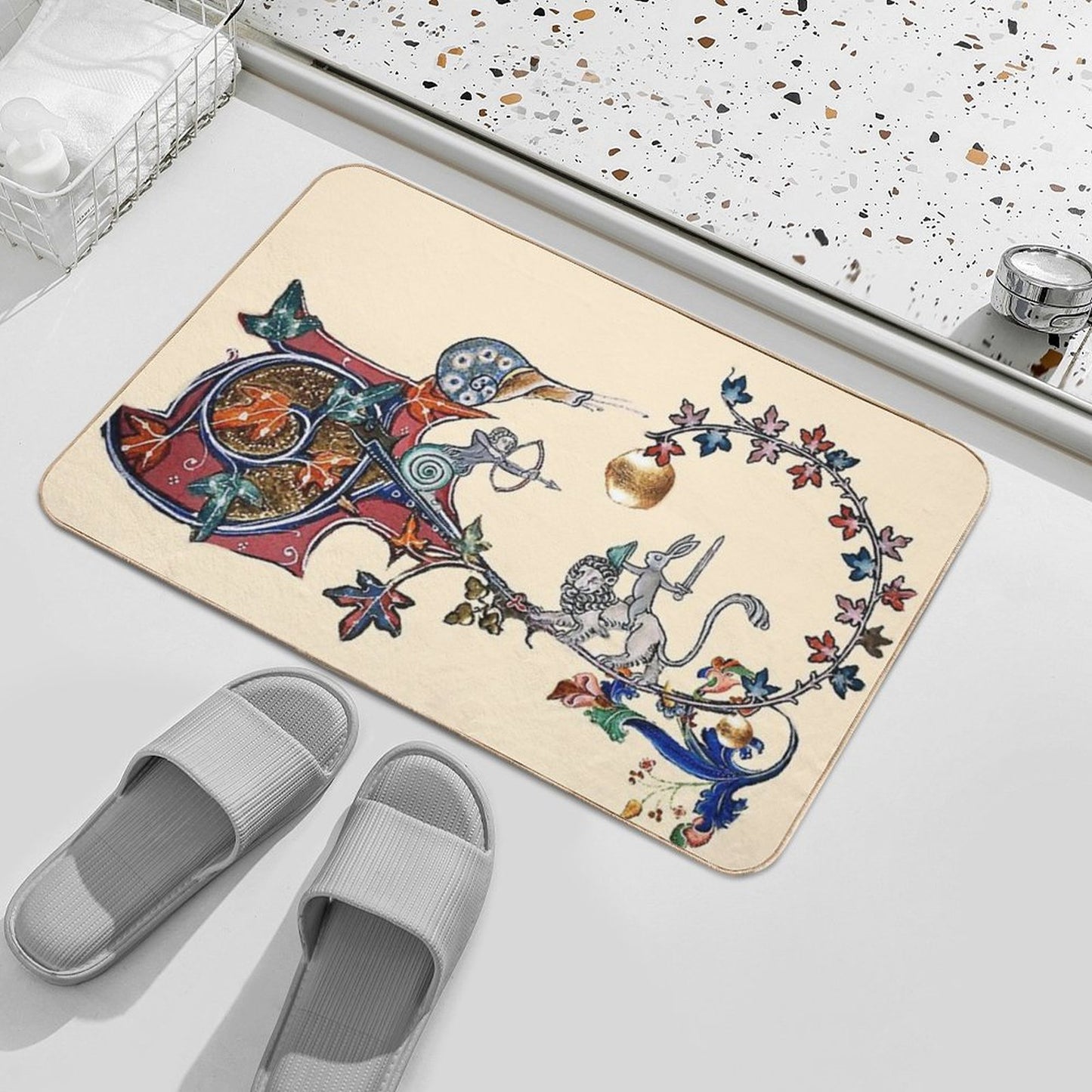 WEIRD MEDIEVAL BESTIARY WAR Between Snails And Killer Rabbit Riding Lion by Bulgan Lumini Bath Mat