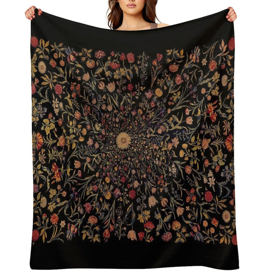 Medieval Flowers on Black Throw Blanket